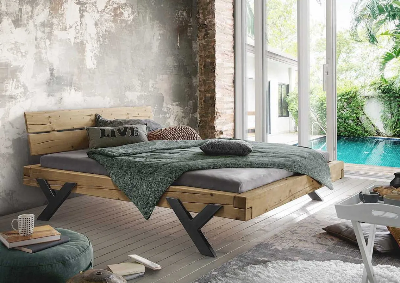 mutoni exquisite Balkenbett Unique Mit Holzkopfteil Y-Bein Metall> Betten