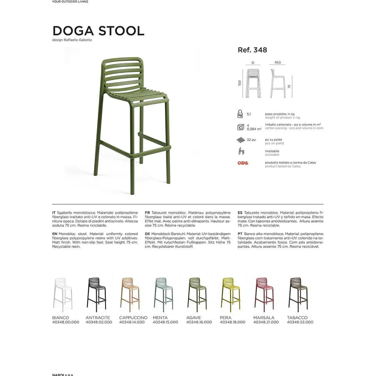NARDI outdoor Garten Barhocker Doga Stool Hellgrun 100> Garten Barstühle