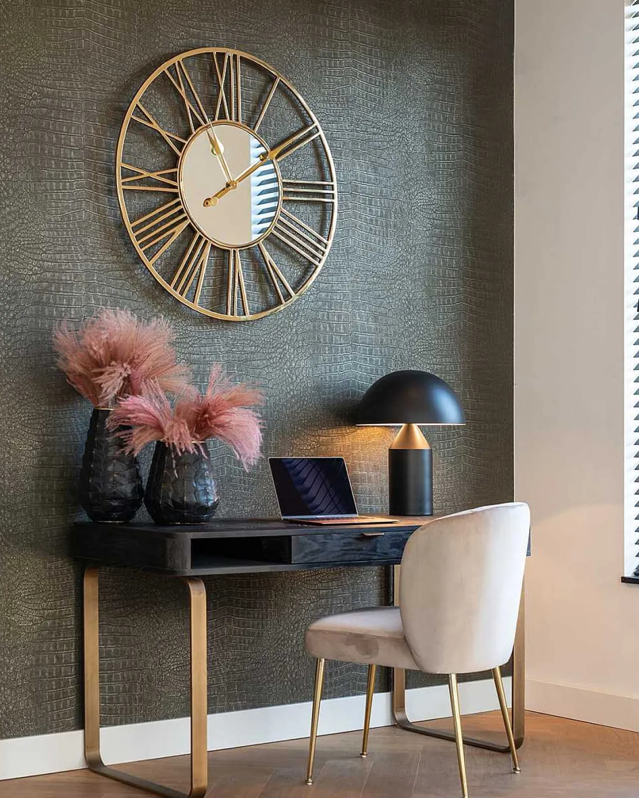 Richmond Interiors Schreibtisch Blackbone Schwarz Messing 140> Bürotische